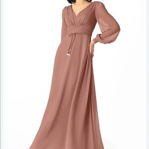 Azazie dusty pink maxi dress with long sleeves and tie waist#weddingguest#formal